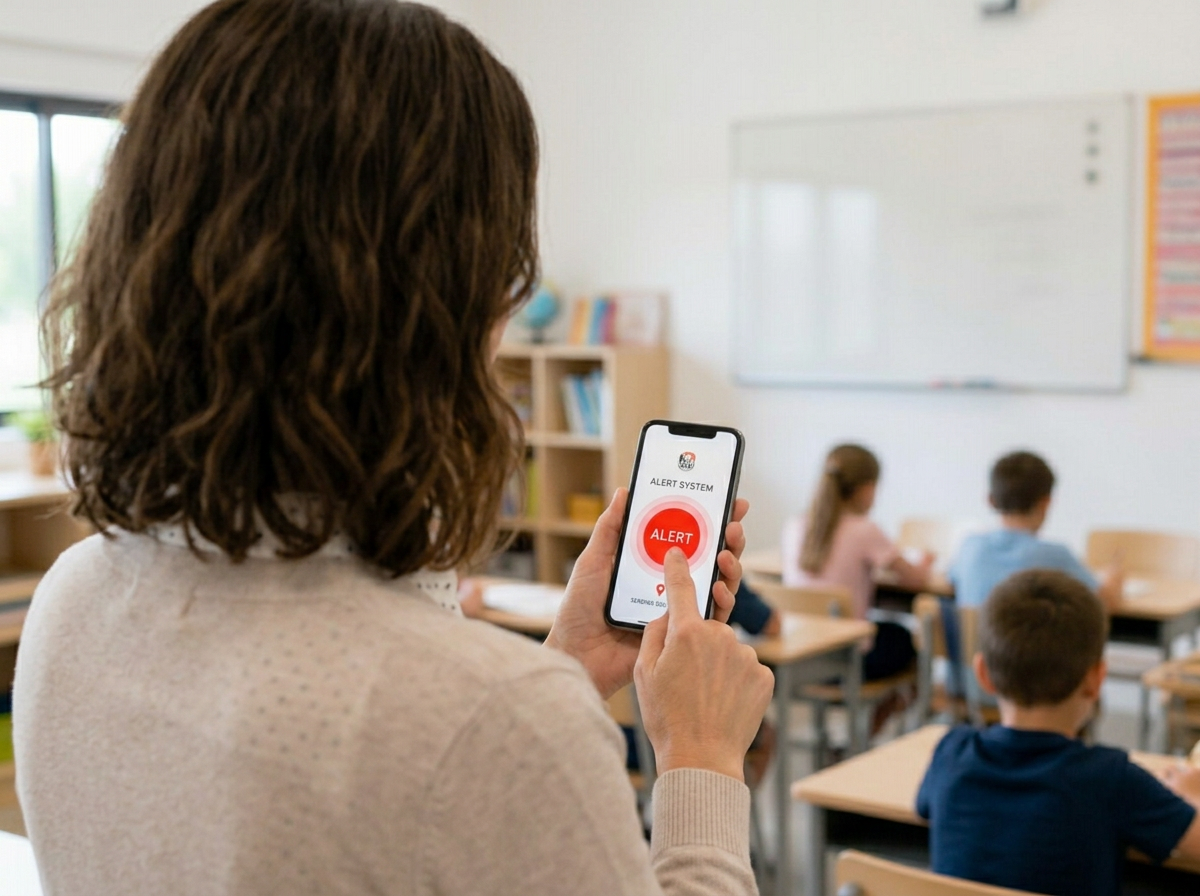 Teacher using an SOS emergency button in a classroom